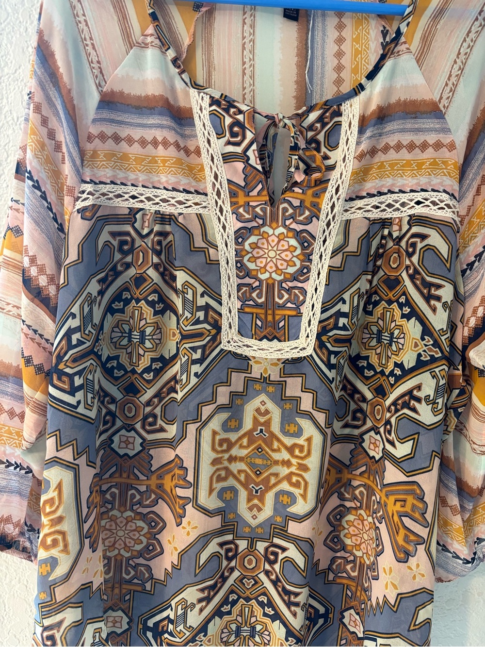 Bohemian Geo Print Peasant Top - Blue & Mustard